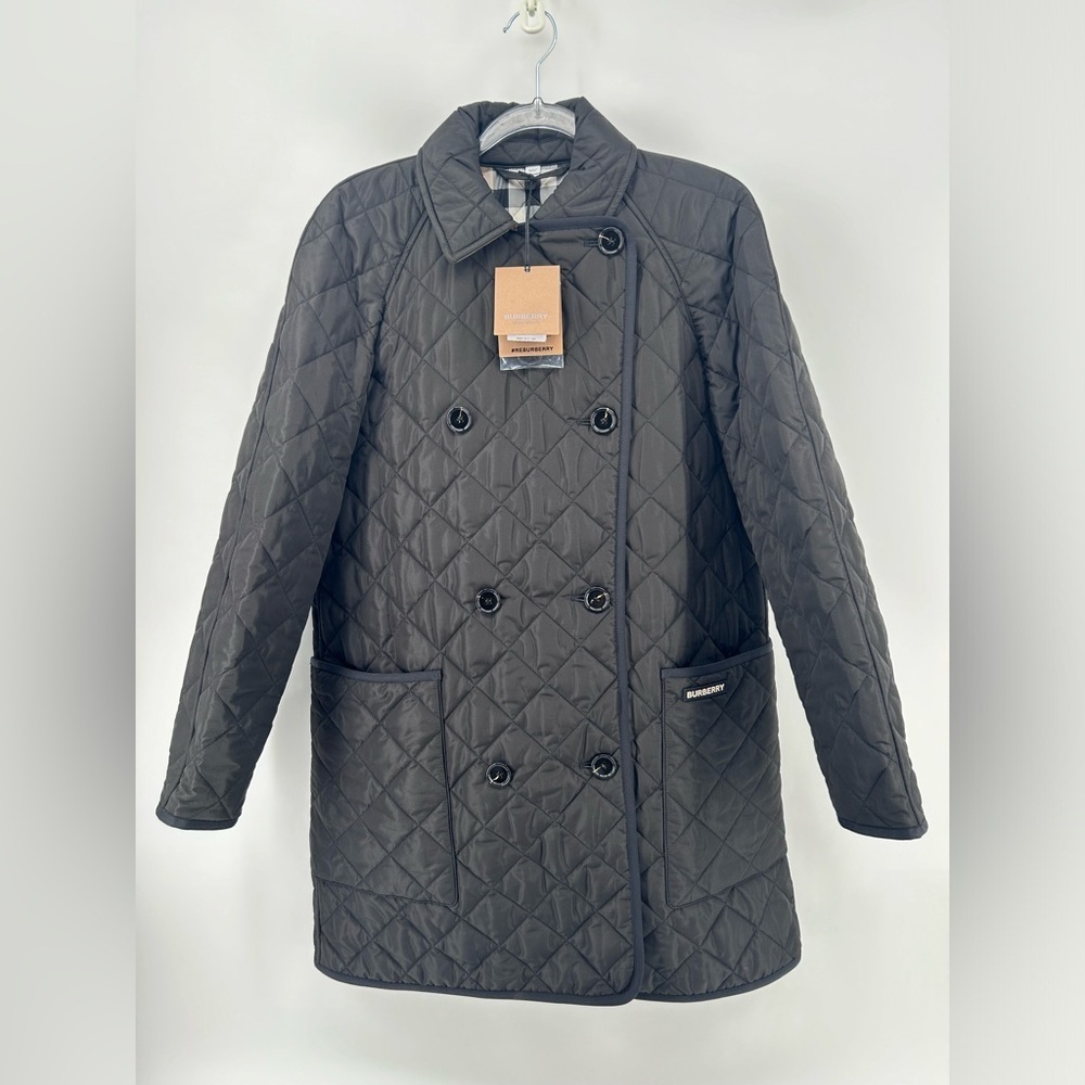 NWT $1350 Burberry Women’s Tything Diamond Quilted Double Coat Black Size M - Picture 2 of 16